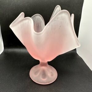 Satin Pink Glass Six Petal Handkerchief Compote Bowl